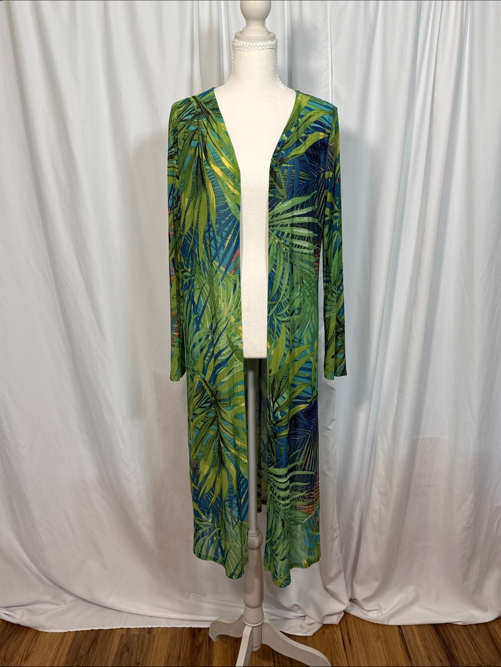 Revamped Green and Blue Tropical Leaf Swim Cover-Up Duster